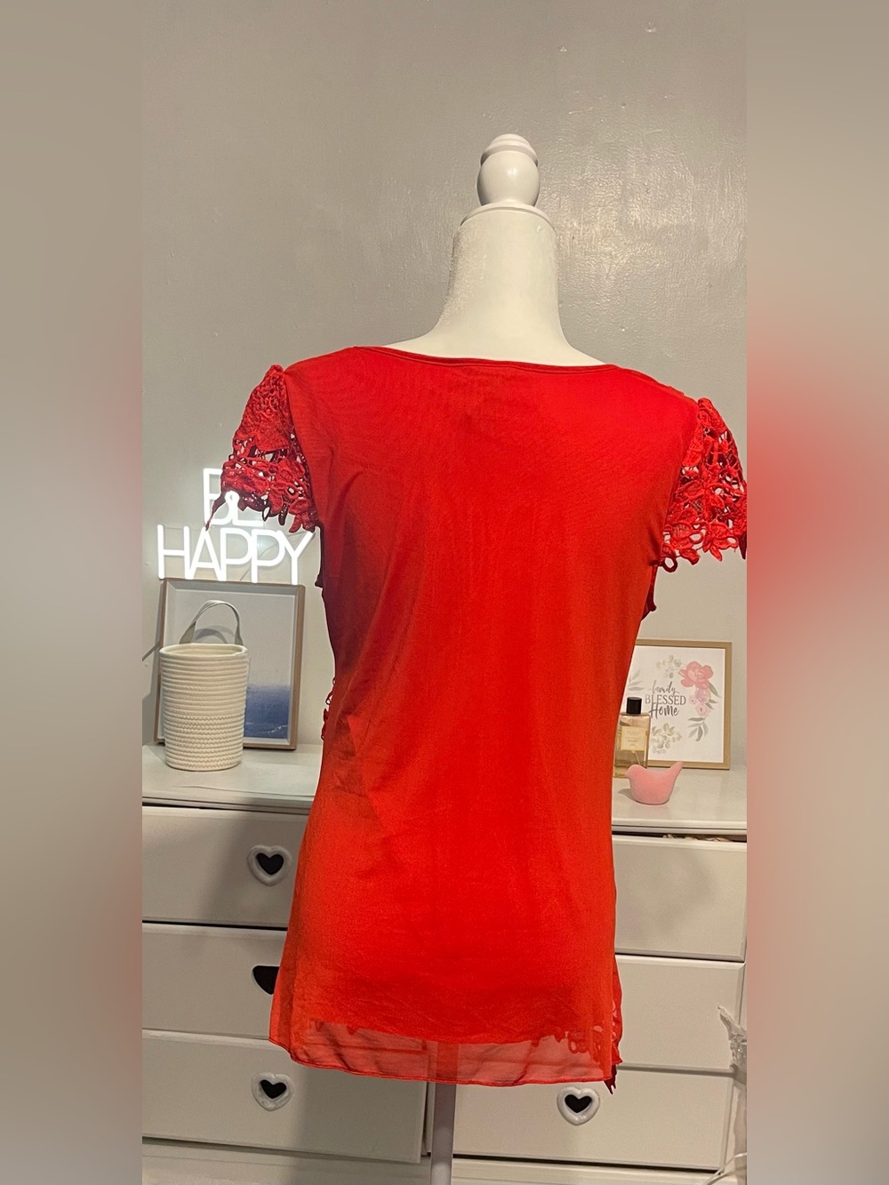 Simply Irresistible Red Lace Short Sleeve Scoop Neck Top size M 100% cotton - Picture 4 of 12